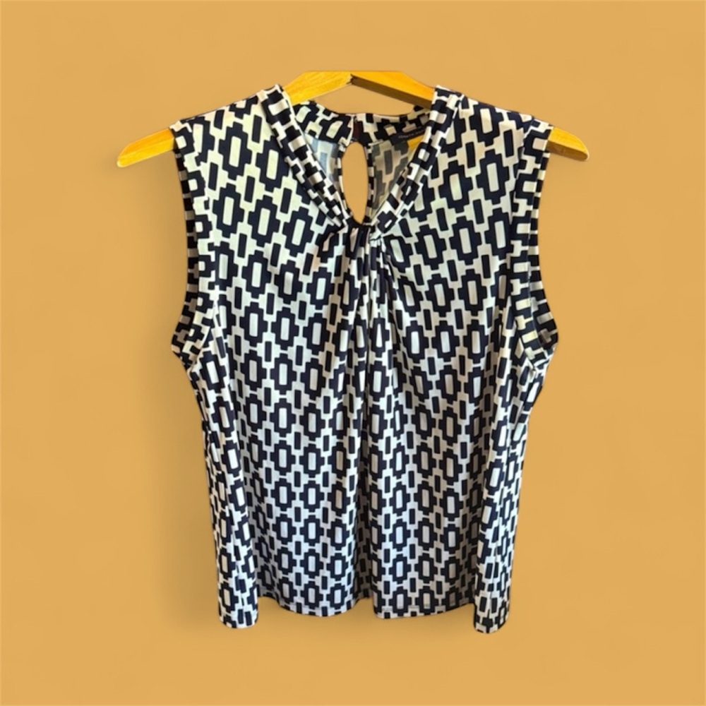 Geometric Navy Blue and White Sleeveless Top